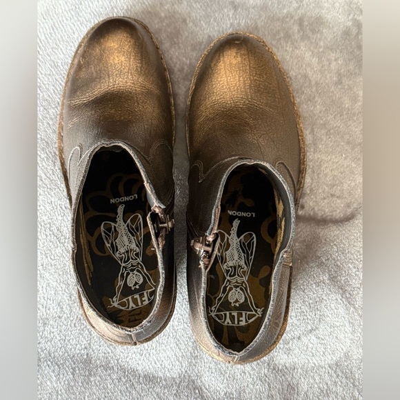 Fly London Ankle Boots Gold Bronze Block Heel Zip Up Booties Womens EU 37 US 6.5 - Picture 6 of 16